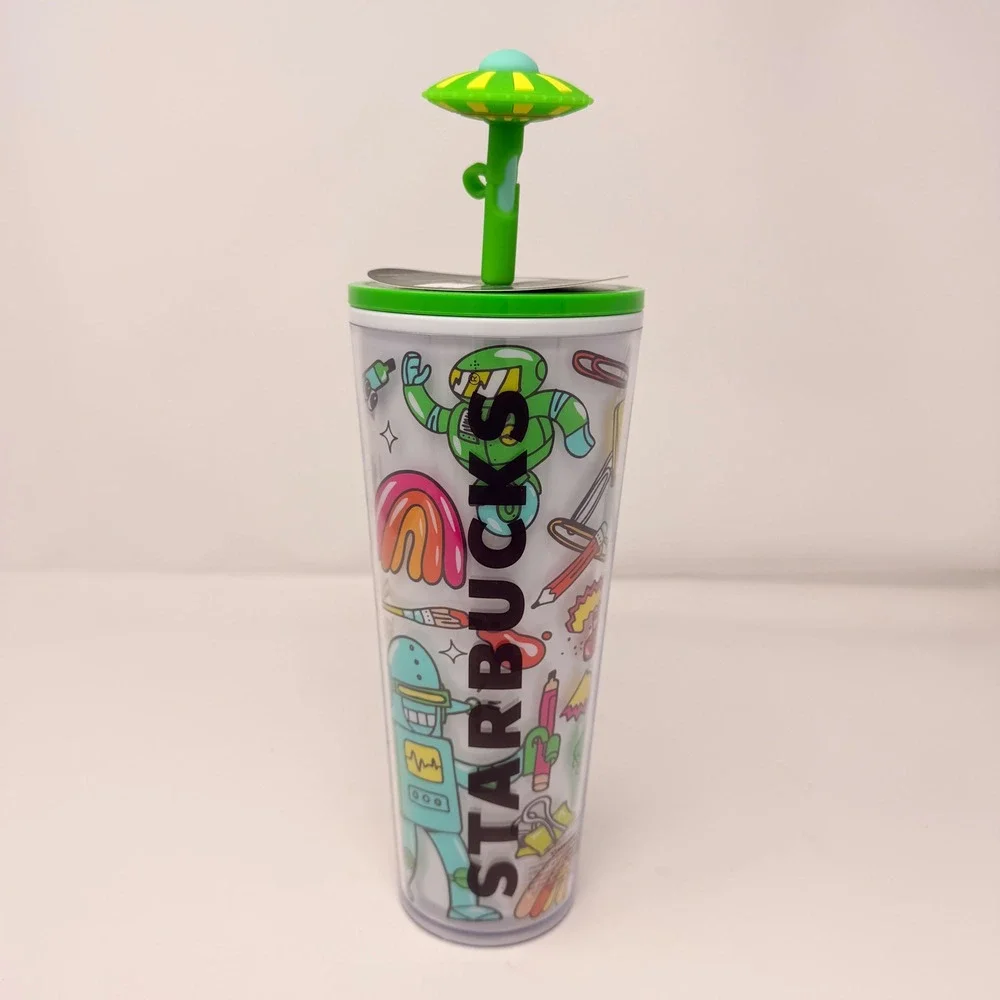 Starbucks Mexico 2024 Doodle Vibe Robot‎ Tumbler 24oz Venti UFO Straw Topper NWT